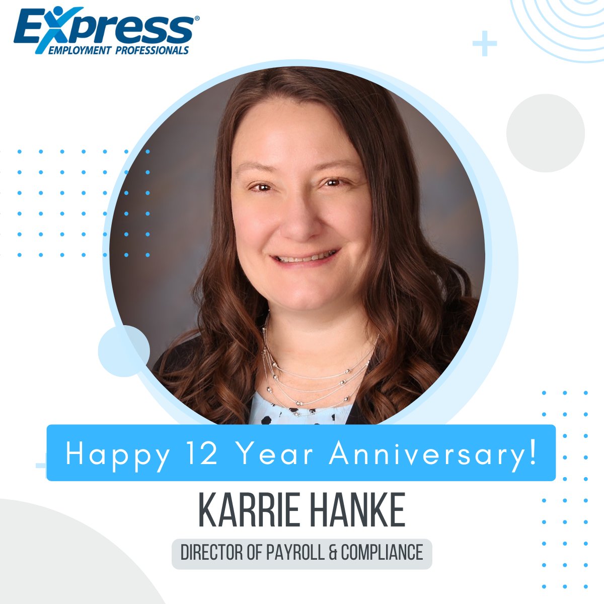 Please join us in congratulating Karrie Hanke, our incredible Director of Payroll &amp; Compliance, on 12 amazing years with Express Employment Omaha!

Karrie’s dedication, expertise, and steady leadership help keep everything running smoothly behind the scenes—and we are so...