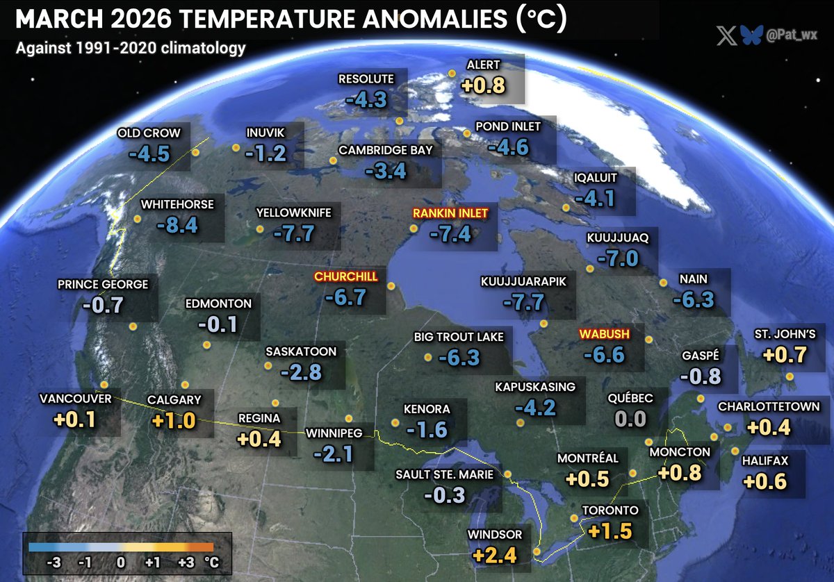 Pat_wx's tweet photo. March 2026 was extremely cold across the territories and northern Ontario, Quebec and Labrador. The coldest month of the "winter" for many, and record-cold in Rankin Inlet, Churchill and Wabush. Meanwhile, Southern Ontario had a variable, but warm month. #wxtwitter https://t.co/hmqsstgWh7