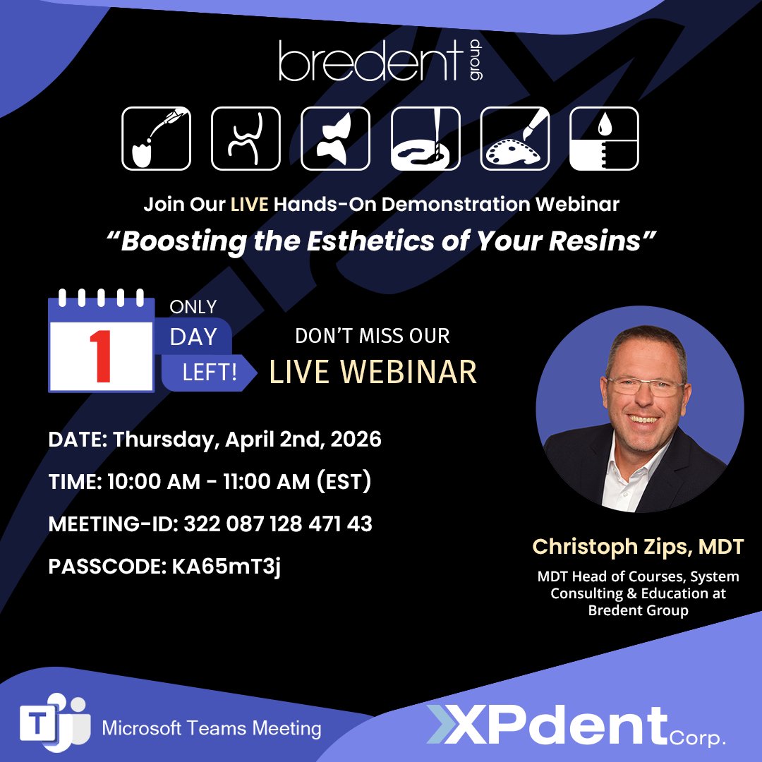 xpdent's tweet image. Only 1 Day Left - Don't miss our:

Bredent Group LIVE Webinar 🗓🎨🖌🦷
"Boosting the Esthetics of Your Resins"

Thursday, April 2nd, 2026
10:00 AM - 11:00 AM (EST)

Learn more👇
xpdent.com/blog/bredent-g…

#xpdent #bredentgroup #bredent #webinar #dentalcosmetic #denturist