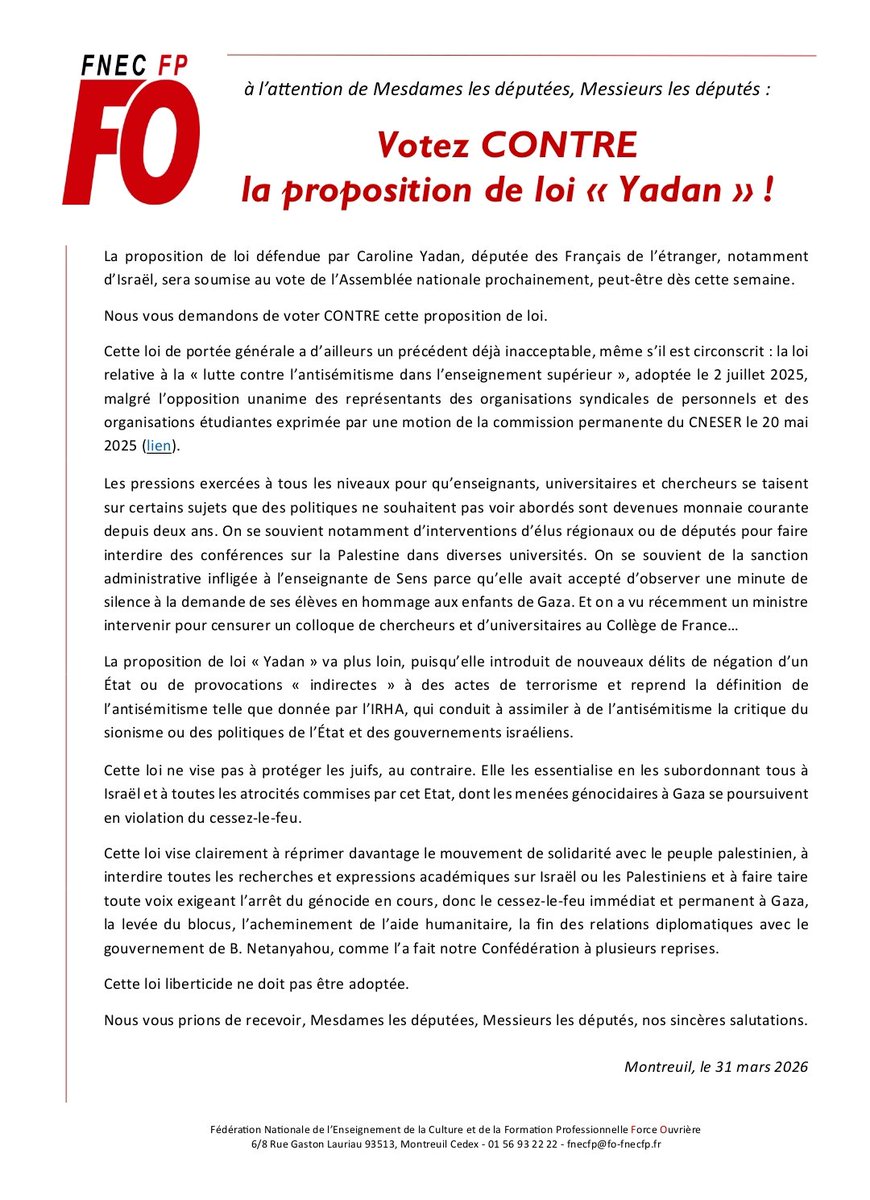 Loi #Yadan : votez CONTRE ! 
La FNEC FP-FO participera aux mobilisations qui seront décidées contre ce projet liberticide.