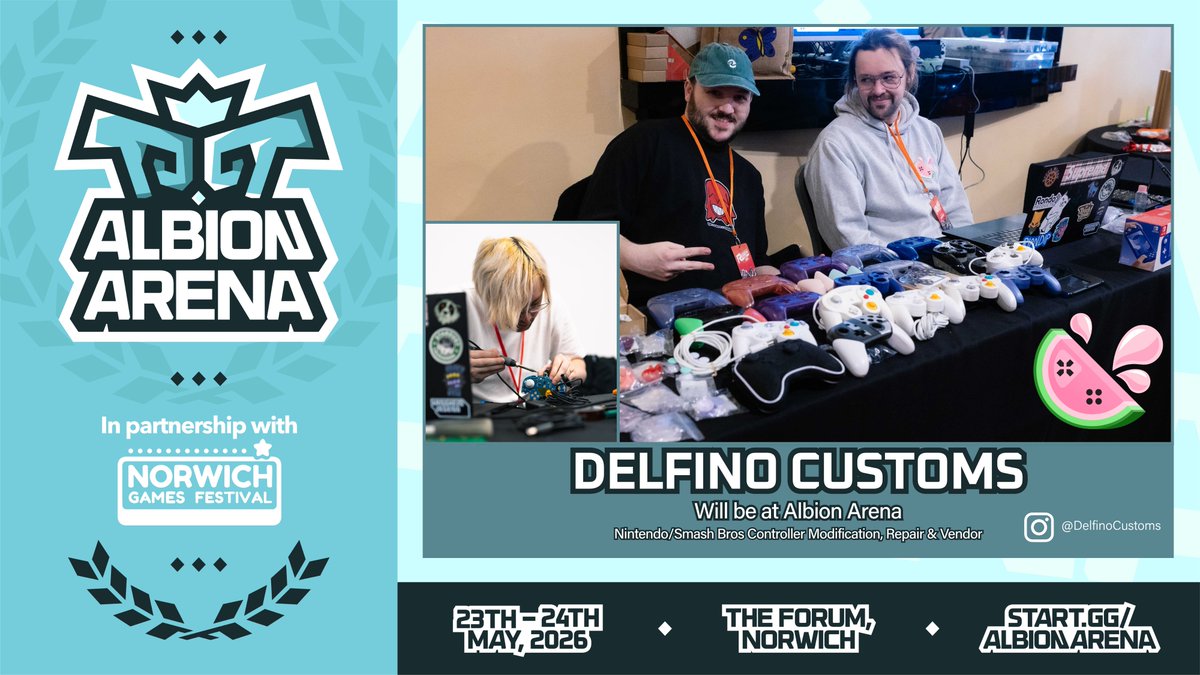 AlbionGamesCafe's tweet photo. It's time for another update on who you can find at Albion Arena in May!

We're pleased to reveal that Delfino Customs will have a stall at the event. Check out their stall for a wide variety of Nintendo-specialised controller repairs, modifications and more! https://t.co/k9Q8Pd4hTa