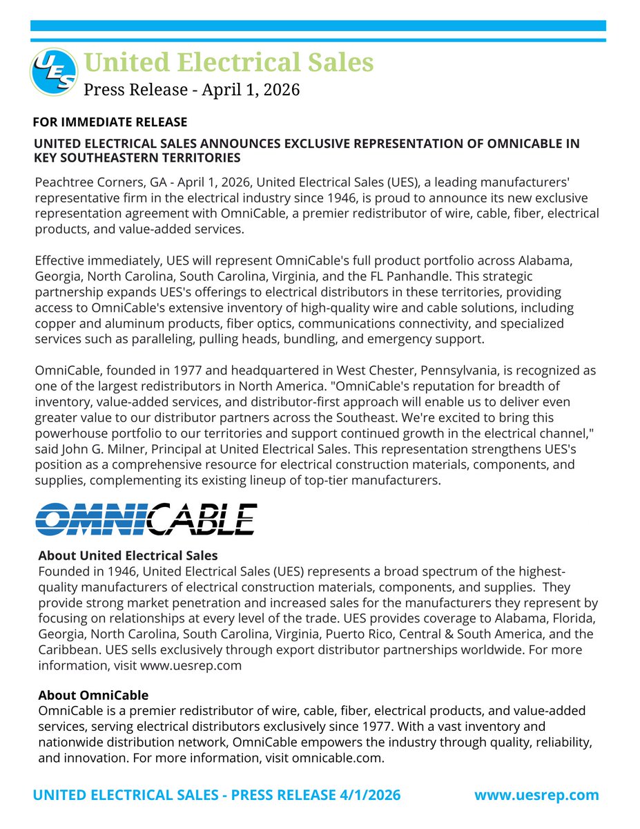 UESrep's tweet photo. UES now represents @Omni_Cable, a re-distributor of premium wire, cable, fiber, &amp; electrical/communications connectivity products, offering an extensive inventory, deep technical expertise, &amp; fantastic customer support. https://t.co/ZIHL7hMoMQ https://t.co/Szeab3qXZe