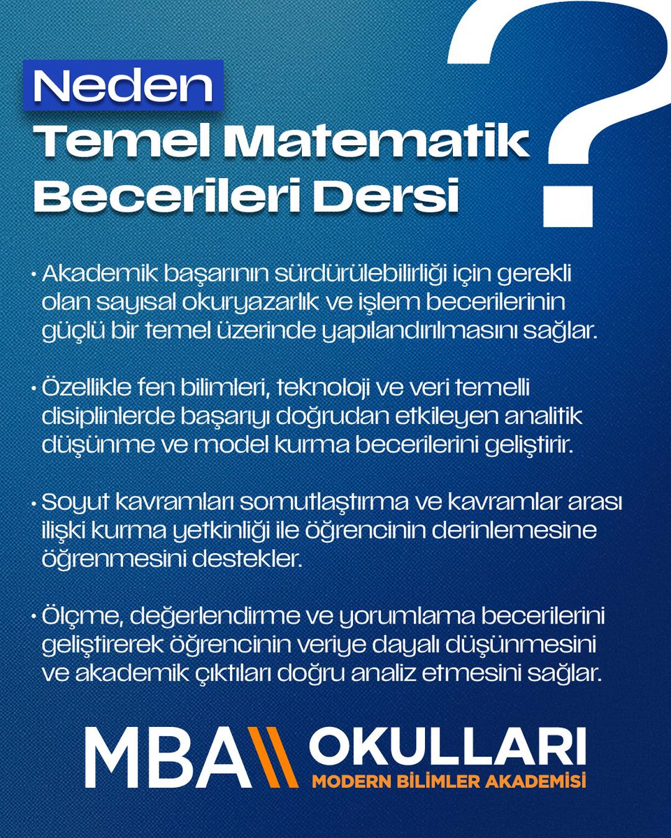 mbaokullari's tweet photo. Türkiye’de İlk ve Tek!

Modern Müfredat Vizyonuyla 9. Sınıf Öğrencilerine Özel “Temel Matematik Becerileri Dersi” MBA Okullarında!

#SenDeGel 

#MBAOkulları #MedicanaEğitimGrubu #MBAYenilikçiEğitimEkosistemi #BaşarıTasarımı https://t.co/u8kurpfpyy