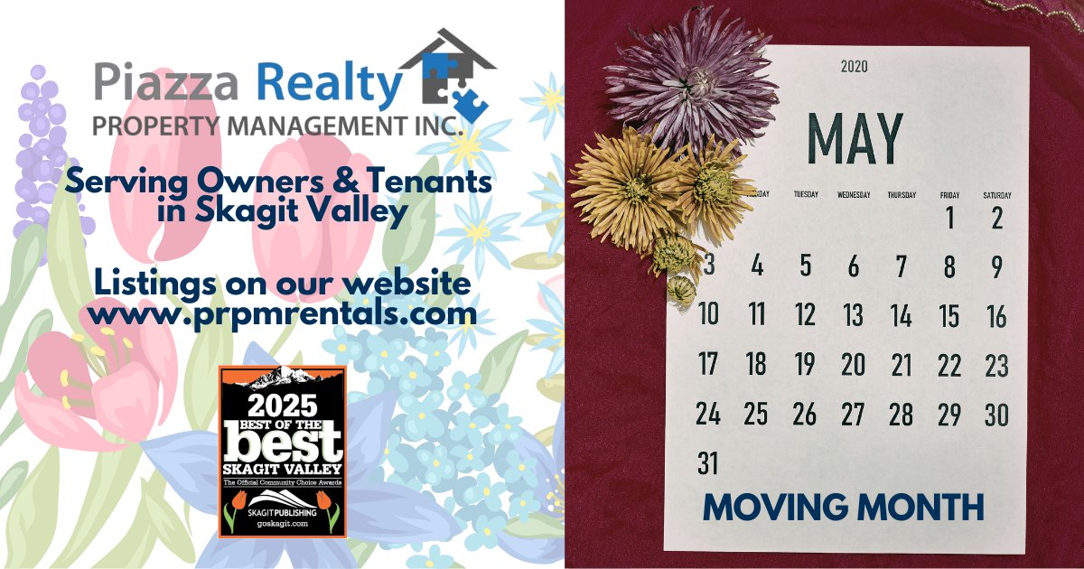 piazzaRPM's tweet photo. Did you know that May is officially Moving Month? 📦
As the Skagit Valley settles into spring, the rental market is in high gear! 🌷 If you’re planning a move this month, Piazza Realty Property Management is here to help you find your next spot. https://t.co/rV8bYqubpZ