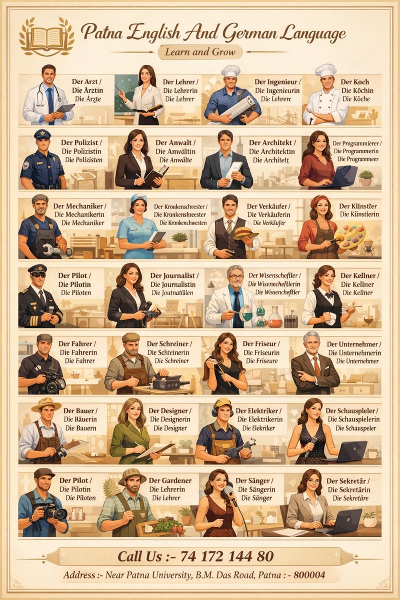 PatnaGerman's tweet photo. Profession Name On German.
Learn German Language.
#Patna #Bihar #biharboardresult #Ausbildung #LearnGerman #Germany #AprilFoolsDay #India #GoetheInstitute #PatnaGoethe #GermanAcademy #Akademi https://t.co/qRXsmvaksB