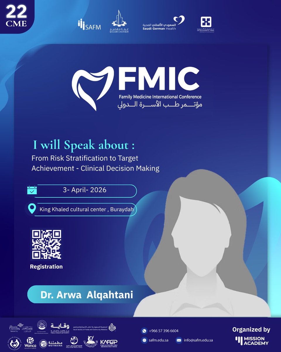 FMIC2026's tweet photo. 🎯 #FMIC2026

Join Dr. Arwa Alqahtani

"From Risk Stratification to Target Achievement – Clinical Decision Making"

Enhance your clinical decisions with practical approaches to risk assessment and goal-oriented care.

📅 3 April 2026
📍 King Khaled Cultural Center, Buraydah
🎓 22 CME

🎟️ Register via: https://t.co/xQwYR134P6