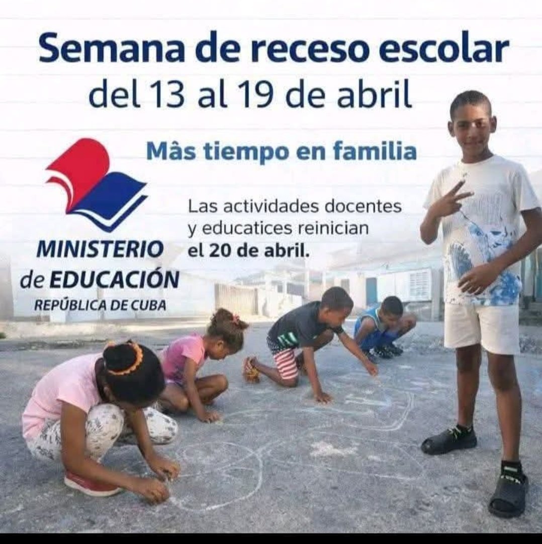 RachelAlvarezR1's tweet photo. Semana de la Victoria.
- 📅 Semana de receso escolar: del 13 al 19 de abril.
- 🏫 Se retomarán las actividades docentes y educativas: el 20 de abril.
 #CubaMined #PinardelRío https://t.co/ZI8XZAUssd