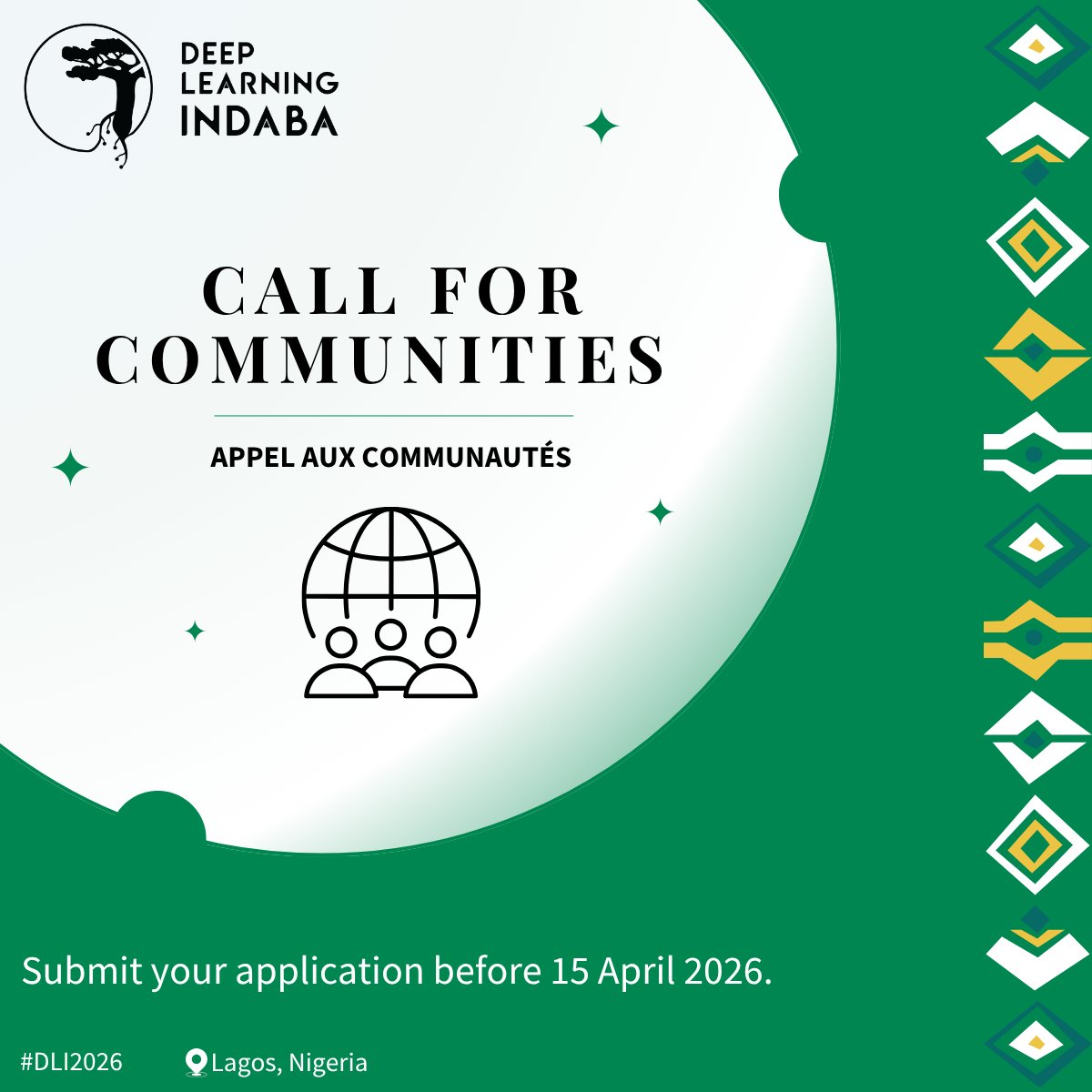 Is your community shaping the future of AI in Africa? / Votre communauté façonne-t-elle l'avenir de l'IA en Afrique ?

The Deep Learning Indaba (DLI) is looking for grassroots AI communities to participate in our Community Spotlight! We want to showcase your journey and impact to