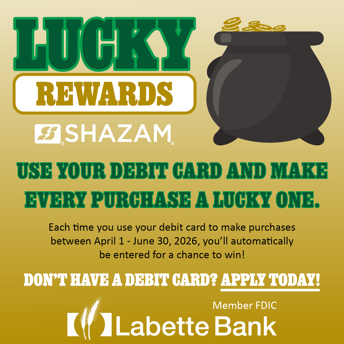 Are you feeling lucky? Our Lucky Rewards Contest is happening now through June 30. Every debit card purchase automatically enters you for a chance to win a $50 or $500 gift card. View the official rules at shazam.net/services/marke…