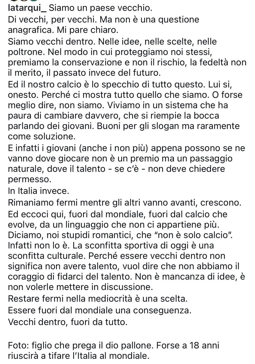 iljackmora's tweet photo. Chiudo la mia personale (e brevissima) rassegna del “day after” con il post di una immensa @LaTarqui_: in poche righe c’è tutto ciò che bisogna capire ed aver capito 👏 

#Italia https://t.co/dHylpYd0l7