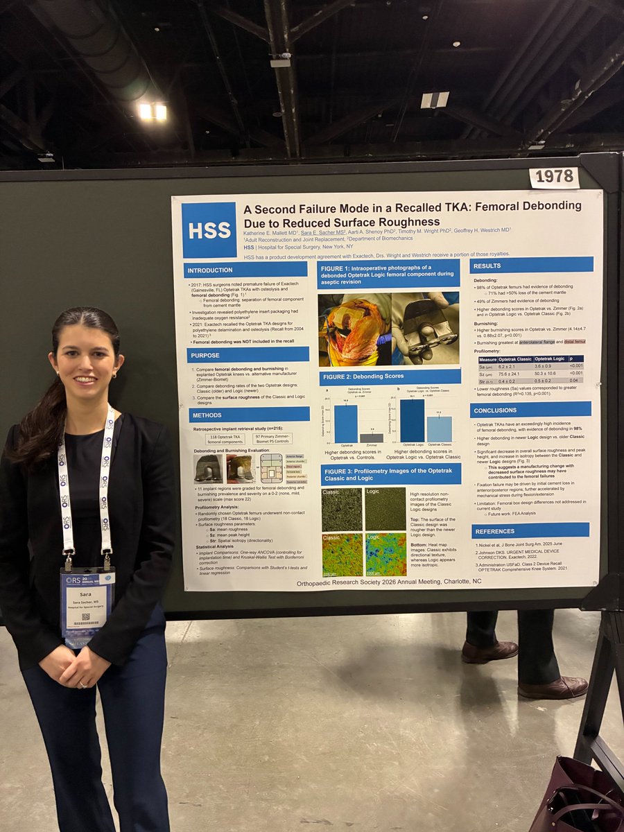 HSSBiomech's tweet photo. Just a few of our many posters at ORS! Research highlights include a retrieval analysis of femoral debonding in a recalled TKA, a computational analysis of the effect of PCL release on femoral rollback, and a novel assessment of UHMWPE for orthopaedic applications. https://t.co/ZiigYzUcj5