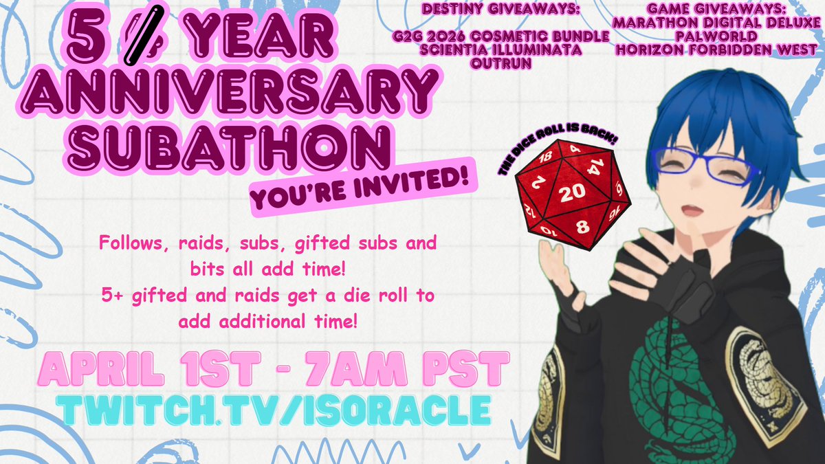 Today is the day!

Celebrating 5 years since we hit affiliate on Twitch so let's go chat, raid with friends we've made along the way and just game the day away!

Come hang out and have some fun with us!
Giveaways throughout the day as well!

twitch.tv/IsOracle