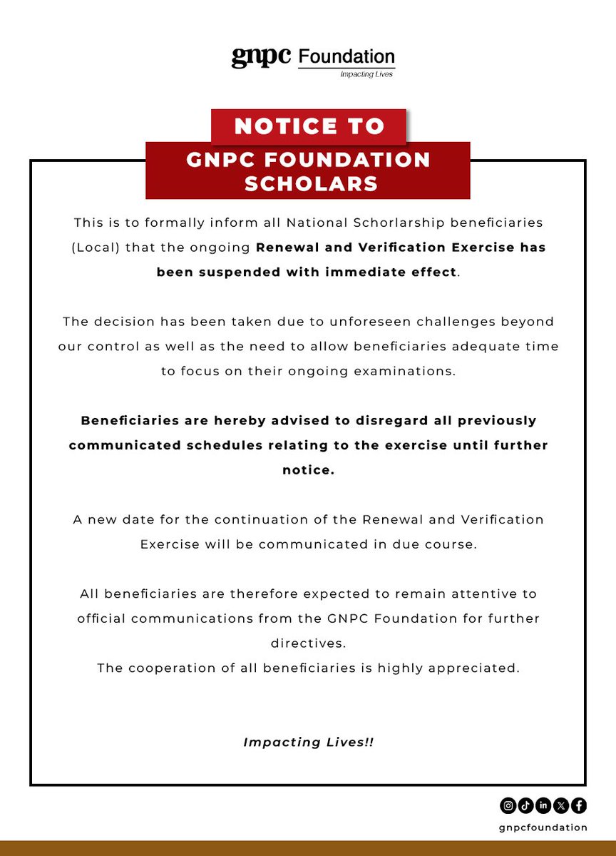 GNPCFoundation's tweet photo. GNPC FOUNDATION SUSPENDS ONGOING NATIONWIDE RENEWAL AND REGISTRATION EXERCISE 

Please take note and notice is hereby served that GNPC Foundation’s ongoing nationwide renewal and registration exercise is temporarily suspended. https://t.co/3FAU5eWEhy