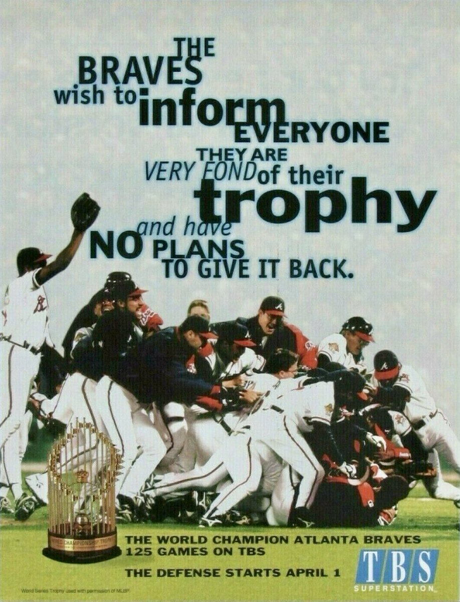 BravesOnWTBS's tweet image. The Braves wish to inform everyone they are very fond of their trophy and have no plans to give it back. The defense starts April 1.