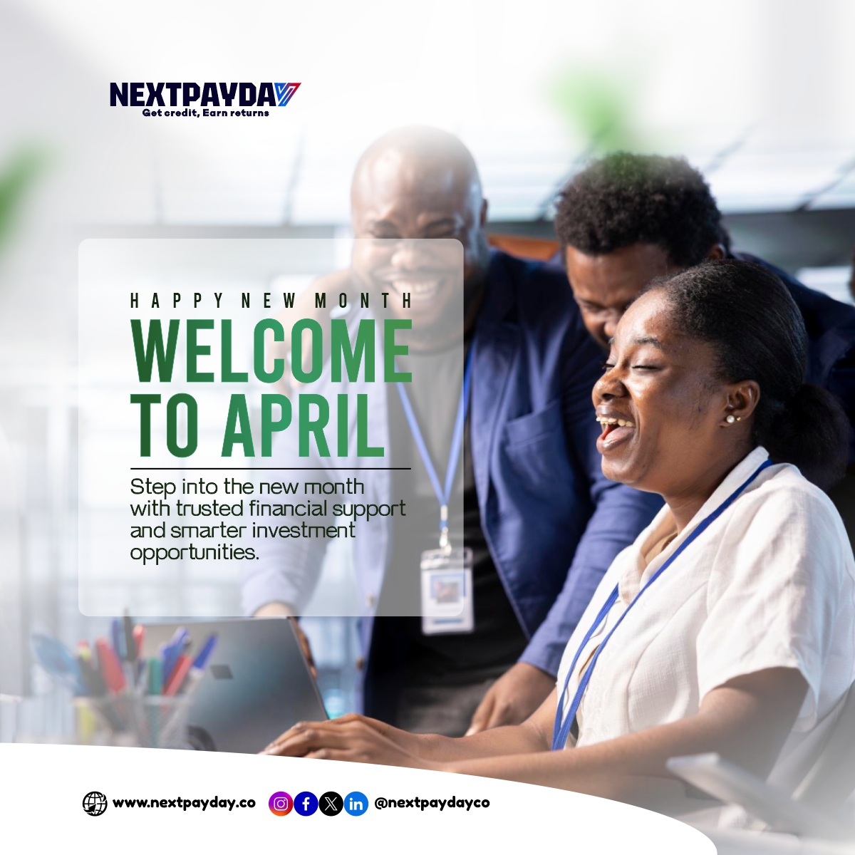 Nextpaydayng's tweet photo. Cheers to a New Month ✨
Fresh opportunities to grow and invest this April.
Move forward with confidence with Nextpayday.

#HNM #April #Nextpayday #GetCreditEarnReturns https://t.co/l7zbVVozG4
