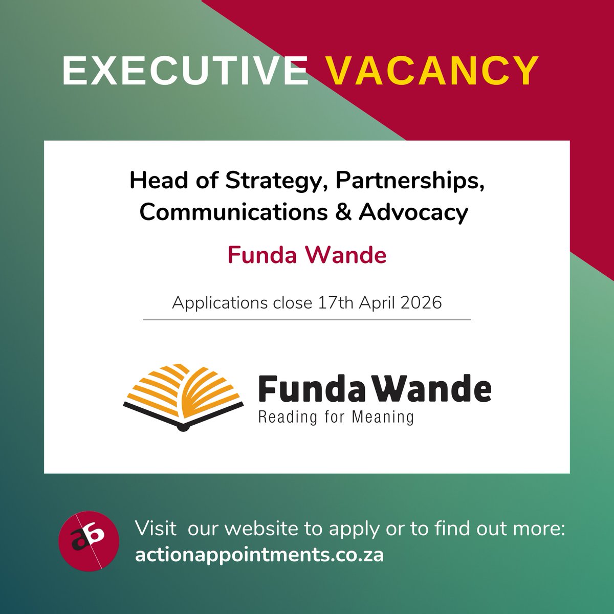 actionappntmnts's tweet photo. EXECUTIVE VACANCY! Action Appointments is recruiting a Head of Strategy, Partnerships, Communications and Advocacy for Funda Wande, based in Cape Town.
For more info, visit the link:
https://t.co/UIjW5g7oIg
#Hiring #NGOVacancy #HeadOfStrategy #ExecutiveVacancy #FundaWande https://t.co/IlqRPqIZbC