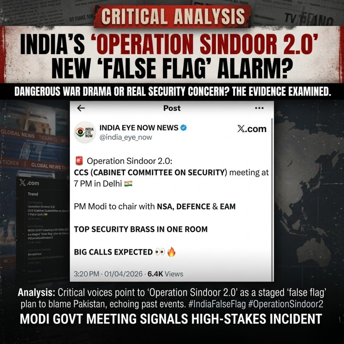 INY78600's tweet photo. Modi govt’s “Operation Sindoor 2.0” is a dangerous new war drama! Emergency CCS meeting in Delhi with top brass signals India is preparing a staged false flag to blame Pakistan. Same old game of creating an incident & pinning it on us. Enough! #IndiaFalseFlag #OperationSindoor2 https://t.co/mEapd1W2iq