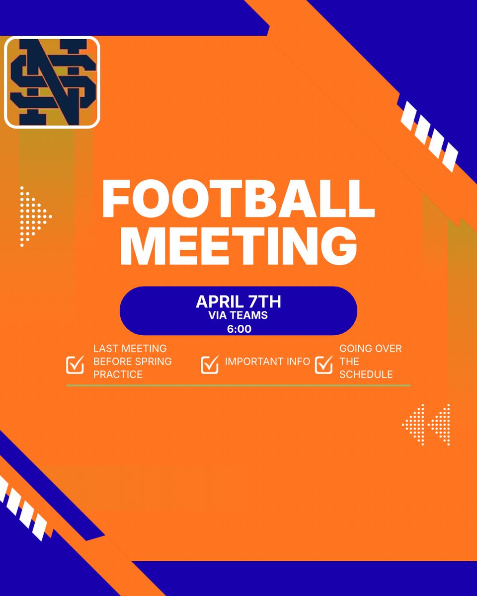 NSHSFOOTBALL63's tweet photo. Spartans, it’s time to lock in. Our final football meeting before spring practice is happening April 7th at 6PM on Teams, and every player needs to be there. We’re breaking down important info, going over the full schedule, and setting the tone.#BEAPRO @walterv50 @FCS_NSHS_Princ https://t.co/7aCj8Kqq76