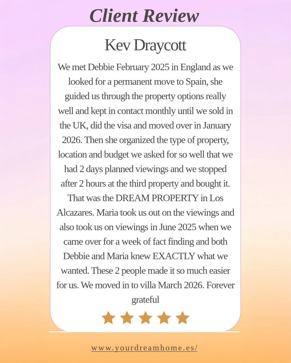 YourDreamHomeEs's tweet image. 🌟We’re so grateful for this amazing 5⭐review!🌟

From first meeting Debbie in Feb 2025 to moving into their dream villa in Los Alcázares in Mar 2026, our clients had an incredible journey — made easy by Debbie &amp;amp; Maria💛

#YourDreamHome #HappyClients #5StarReview #LosAlcazares