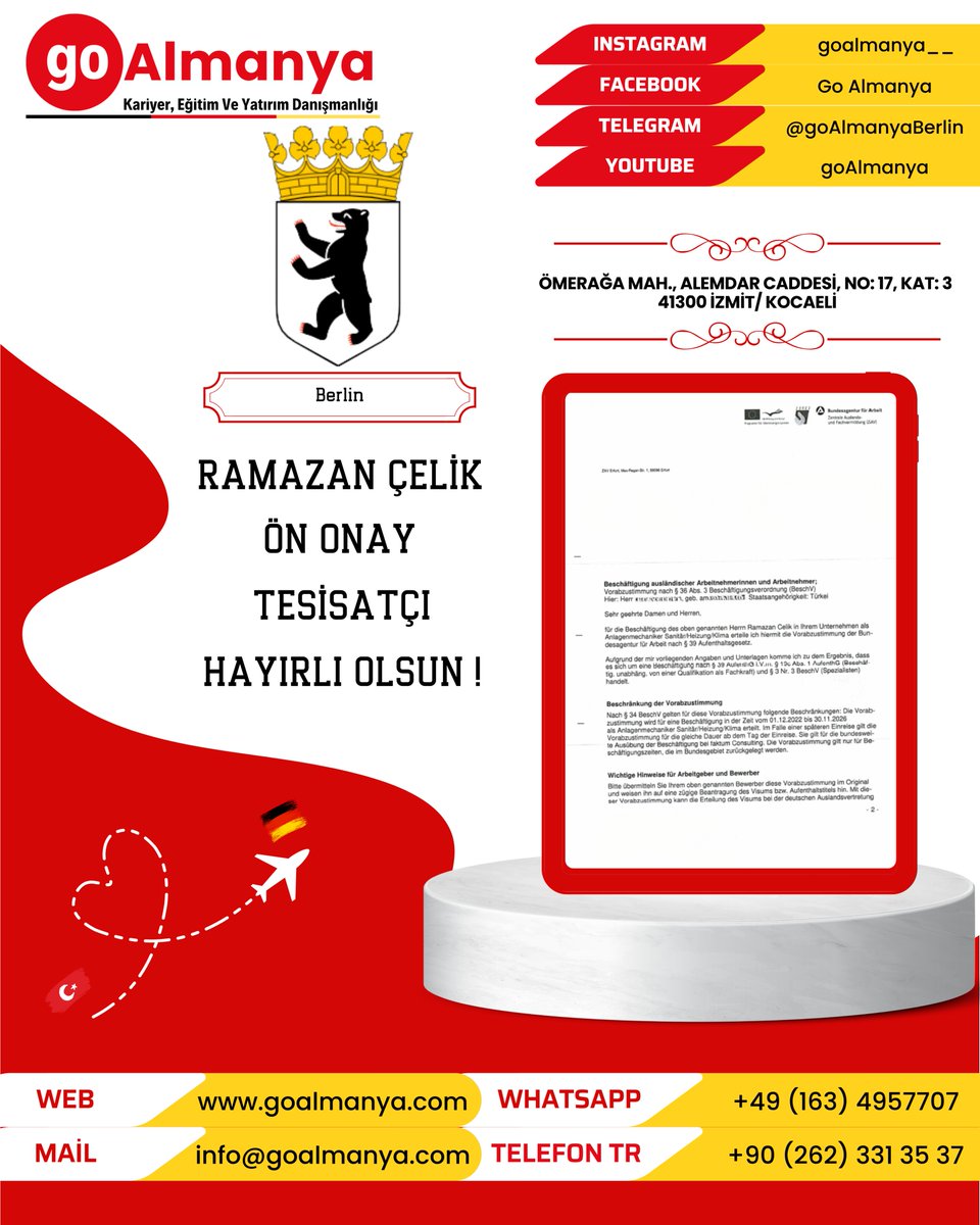 goAlmanya_'s tweet photo. 🇹🇷🇩🇪🎉go Almanya olarak, Tesisatçı pozisyonunda çalışacak Ramazan Çelik beyin ön onayını aldık.
🟢WhatsApp: +49 163 4957707
🔵Facebook: Go Almanya
🟣Instagram: goalmanya__
 #göç  #bluecard  #almanyacalisma  #vize  #denklik  #iş #almanyayaşam #AlmanyaDenklik #yurtdışıiş #yurtdışı https://t.co/mdhdx8NRbf