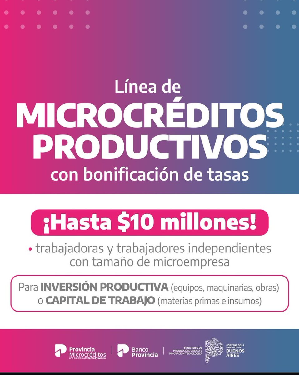 cgera_moron's tweet photo. 🔵 Nueva línea de Microcréditos Productivos con tasa bonificada por la provincia de Buenos Aires: hasta $10 millones para inversión productiva o capital de trabajo.

📱 Más información en https://t.co/vyrAq2TNvr

#CgeraMoron
#Cgera https://t.co/3XhAzyYGwF