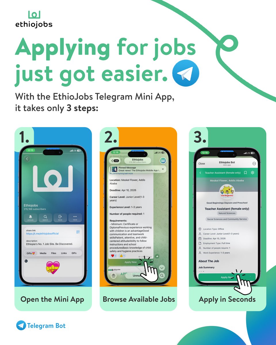 Ethiojobs's tweet photo. Applying for jobs shouldn’t be complicated.

With the EthioJobs Telegram Mini App, it only takes a few taps.

Just faster access to real opportunities
Thousands are already exploring jobs directly on Telegram, don’t miss out.

Tap below to start exploring.
https://t.co/r9gE6z4lx9 https://t.co/klQWwM2Kr4