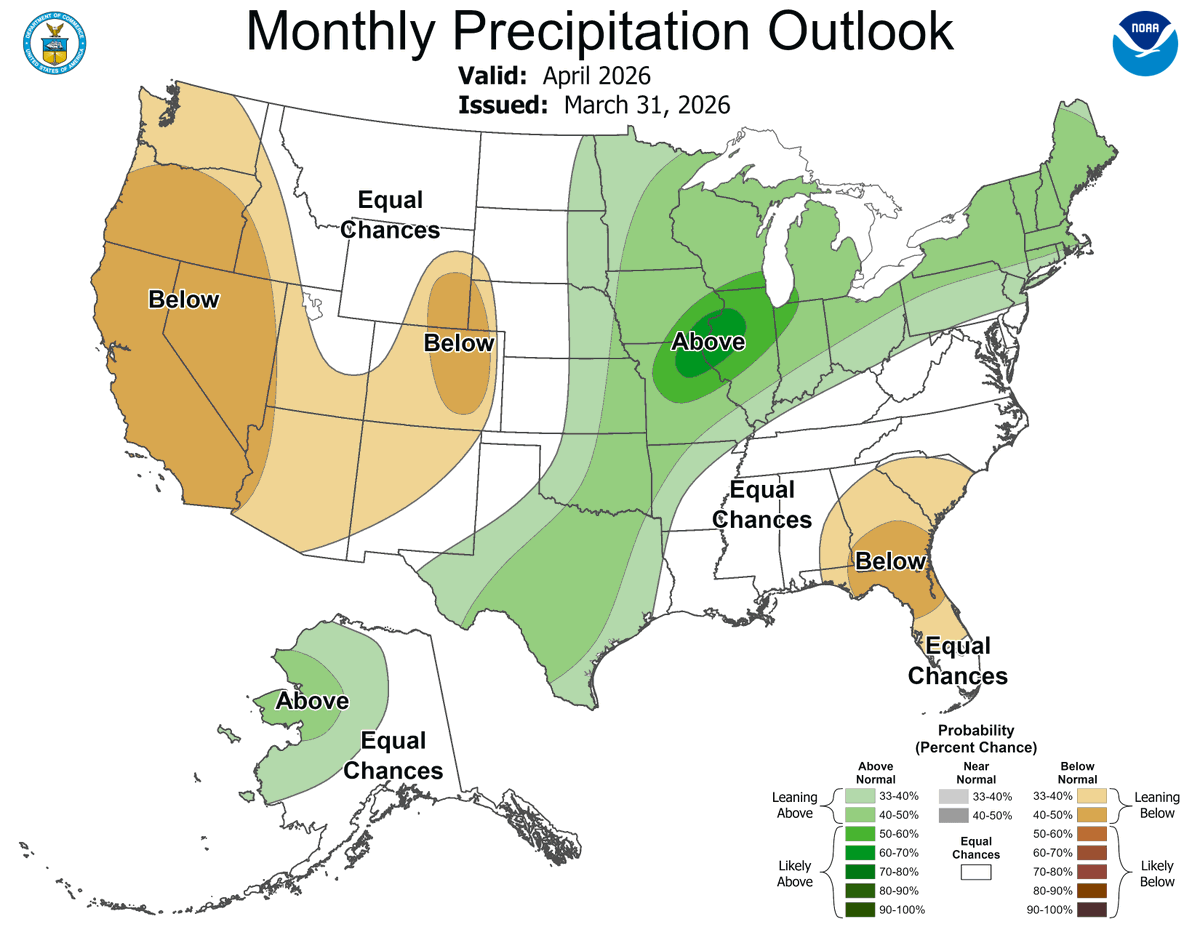 JustinMGlisan's tweet image. The final April outlooks from @NWSCPC show better chances of warm/wet conditions with a bullseye of wetter chances southeast; this is a reflection of the shorter-term forecast. Apr.'s 30-year average temp. is 48.6 degrees F while #IA expects 3.67" of precip. #IowaAg #IowaClimate