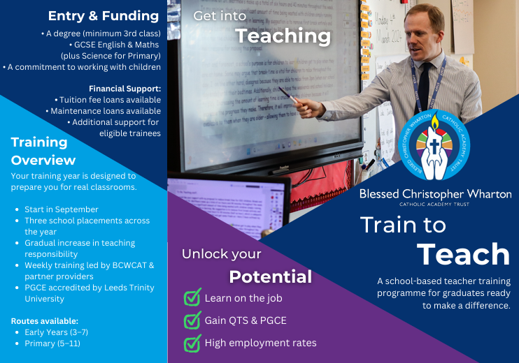 bcw_cat's tweet photo. Start your teaching journey with Blessed Christopher Wharton Catholic Academy Trust ✨

Train in-school, achieve QTS &amp; PGCE, and be supported every step of the way in a faith-centred community.

Take the first step today 👇  
🌐 https://t.co/63GFjXQDtH  
📧 itt@bcwcat.co.uk https://t.co/BUenMIaABL