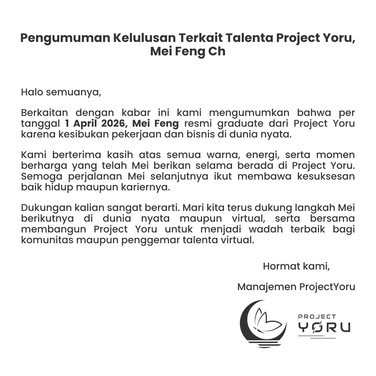 project_yoru's tweet photo. Pemberitahuan terkait talenta Project Yoru, Mei Feng &amp; CEO Project Yoru https://t.co/JNKMuIjrwF