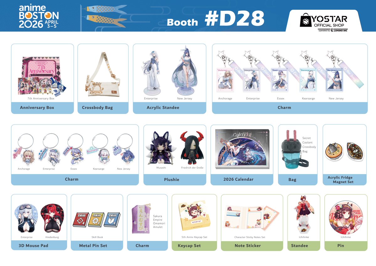 Yostar merchandise is returning to Anime Boston 2026 this weekend!
This time, we will also be bringing along Namie's (<a href="/nambarimasu/">Namie</a> ) Mizuki Gift Box and other related products. Be sure not to miss them when you visit Kaleidoscope!

Booth D28 | April 3-5, 2026 | Hynes Convention