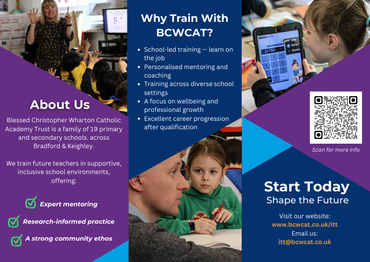 bcw_cat's tweet photo. Start your teaching journey with Blessed Christopher Wharton Catholic Academy Trust ✨

Train in-school, achieve QTS &amp; PGCE, and be supported every step of the way in a faith-centred community.

Take the first step today 👇  
🌐 https://t.co/63GFjXQDtH  
📧 itt@bcwcat.co.uk https://t.co/BUenMIaABL