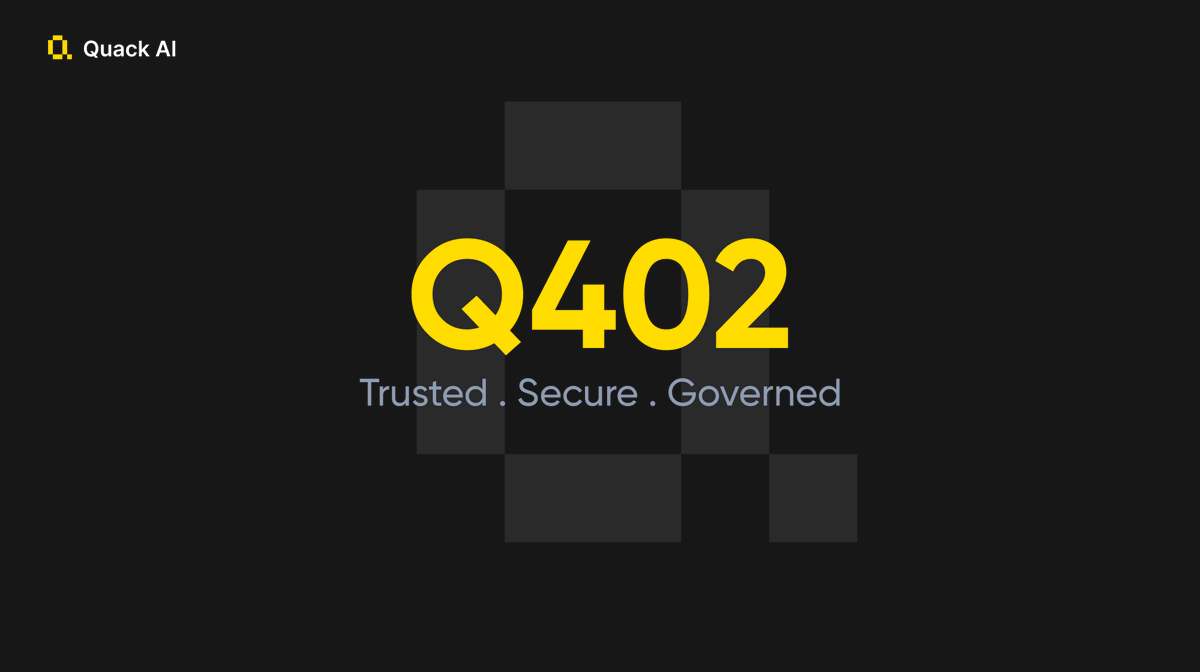 _dyhola's tweet photo. Any agent can send a transaction. Not every agent should.

Q402 by @QuackAI_AI is what makes the difference, enforcing who approved it, what it's allowed to do, and who covers the gas. Trust, built in. 🦆

#QuackAI #Q #Q402 https://t.co/vG308bgDI5