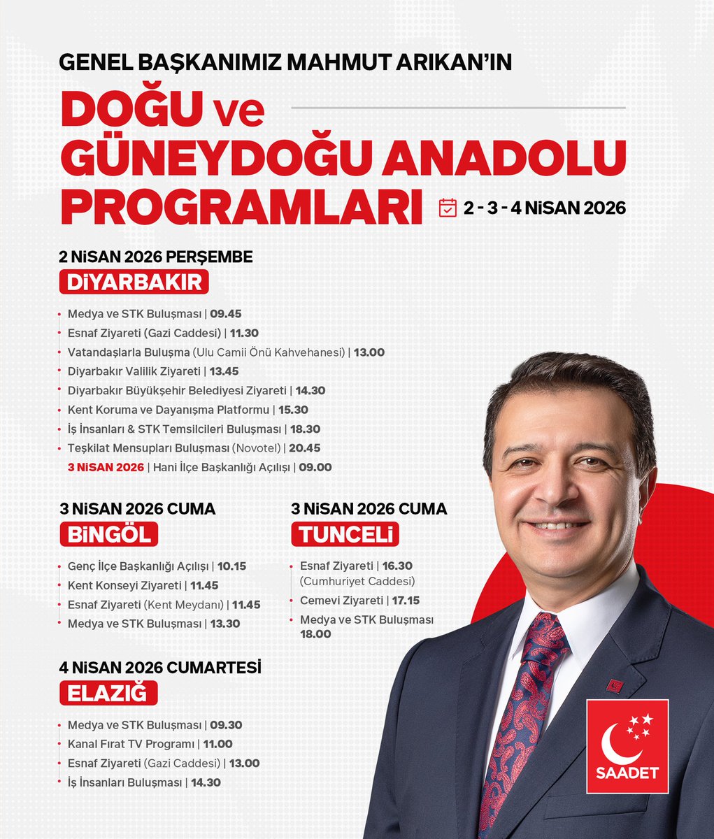 Genel Başkanımız Mahmut Arıkan’ın Doğu ve Güneydoğu Anadolu Programları

🗓 2 Nisan Perşembe
📍 Diyarbakır

🗓 3 Nisan Cuma
📍 Bingöl

🗓 3 Nisan Cuma
📍 Tunceli

🗓 4 Nisan Cumartesi
📍 Elazığ