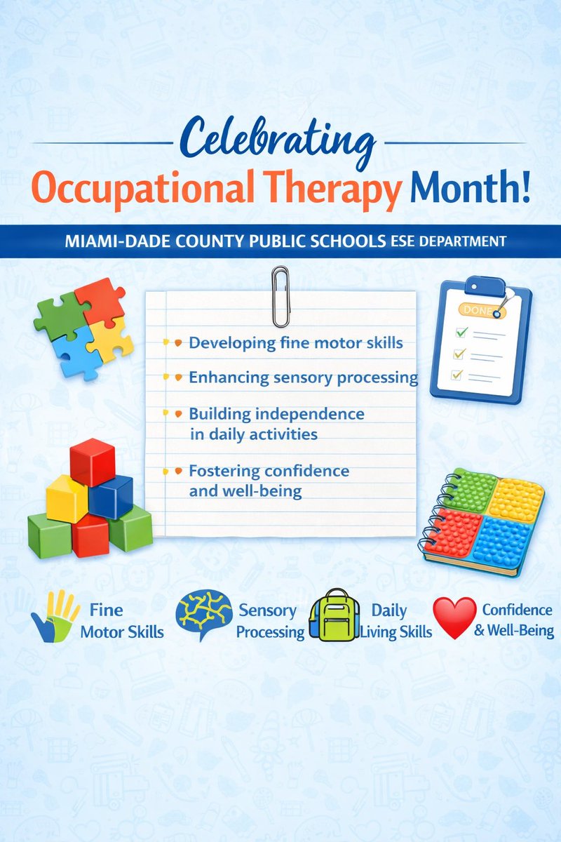 OfficeofESE's tweet photo. This month, we proudly celebrate our incredible Occupational Therapists who make a lasting impact on our students every single day.

Thank you for your dedication, compassion, and commitment to supporting every child’s potential. 💙

#YourBestChoiceMDCPS #OTMonth #ESEStrong https://t.co/Mdw5Z7LfQL