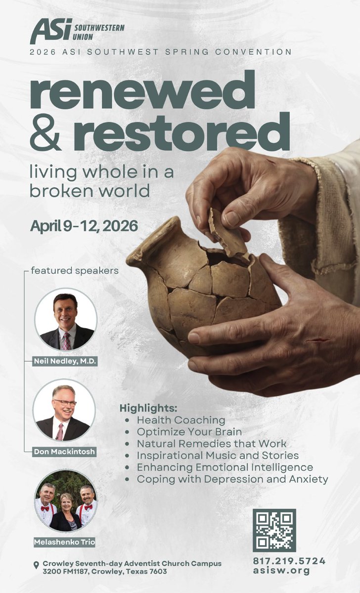In the Southwestern Union territory? Your ASI chapter is gathering!

2026 ASI Southwest Spring Convention:
Renewed &amp; Restored: Living Whole in a Broken World
📅 April 9–12, 2026
📍 Crowley Seventh-day Adventist Church, Crowley, TX

A weekend focused on restoration—spiritually,