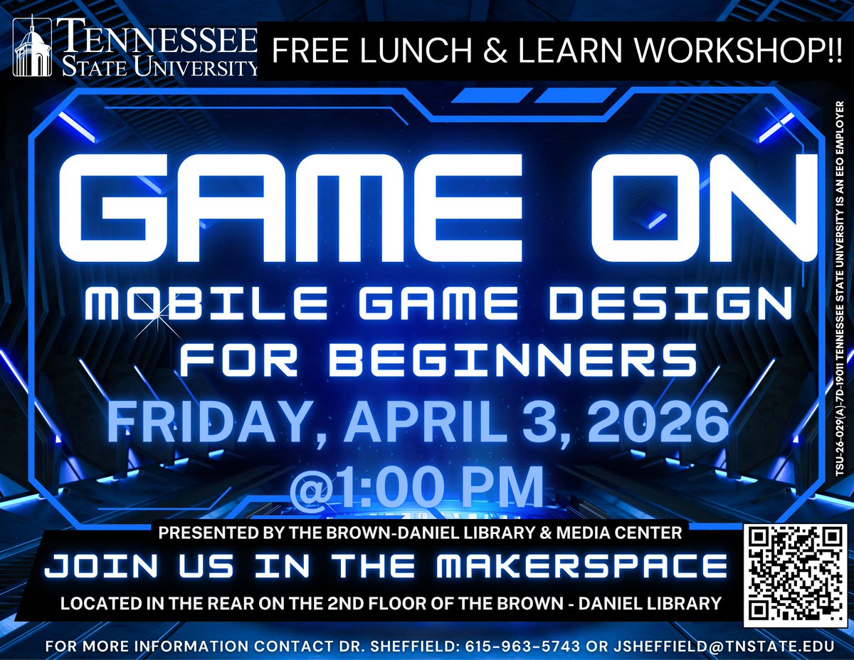 JarvisSheffield's tweet photo. FREE MAKERSPACE WORKSHOP - GAME ON MOBILE APPS, FRIDAY, APRIL 3RD @1:00PM
BUILD YOUR FIRST MOBILE GAMERSVP HERE: https://t.co/8C7rtdnO61
PRESENTED BY THE BROWN-DANIEL LIBRARY &amp; MEDIA CENTER
OPEN TO FACULTY, STAFF, AND STUDENTS OF ALL MAJORS https://t.co/vXLlzTzaLX