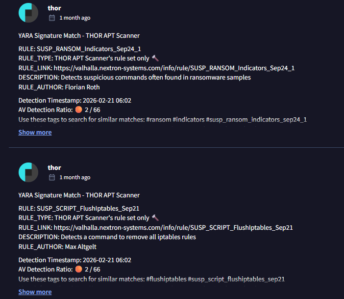nextronresearch's tweet photo. 🚨 Vect ransomware has partnered with #TeamPCP, the group behind the Trivy, Checkmarx, LiteLLM & Telnyx supply chain compromises.

The next phase looks like monetization: turning TeamPCP’s estimated ~300 GB credential haul into ransomware deployments. A first confirmed Vect deployment using TeamPCP-sourced creds has already been reported.

We spotted a Vect Linux/ESXi sample with our threat hunting YARA rules while AV detection on VirusTotal was still minimal.

5 YARA rule hits

⚡ SUSP_RANSOM_Indicators_Sep24_1
⚡ SUSP_SCRIPT_FlushIptables_Sep21
⚡ SUSP_RANSOM_ESX_Indicators_Feb23_1
⚡ SUSP_LNX_RANSOM_Ransomware_Indicators_Sep22_1
⚡ SUSP_LOL_ESXi_Commands_Oct24

At the time of analysis, VirusTotal showed only 2 detections for the sample. Our hunting rules still caught it. 🎯

Samples
https://t.co/2iRsOIMpus
https://t.co/5StCd9n8vT

How to scan VMware ESXi systems with THOR / THOR Thunderstorm
https://t.co/2v8QsQB0WE
https://t.co/y7wIXKryc0

Reference
https://t.co/hCKAaJSmSi