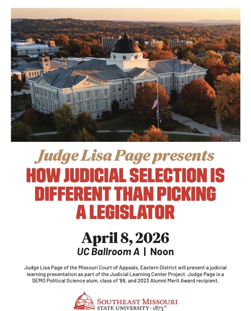 semopolisci's tweet photo. Attention RedHawks! Judge Lisa Page of the Missouri Court of Appeals, Eastern District will be presenting a talk on judicial selection. Please join us for an interesting presentation and a lively discussion. All are welcome! https://t.co/Jg2LfIiGPu