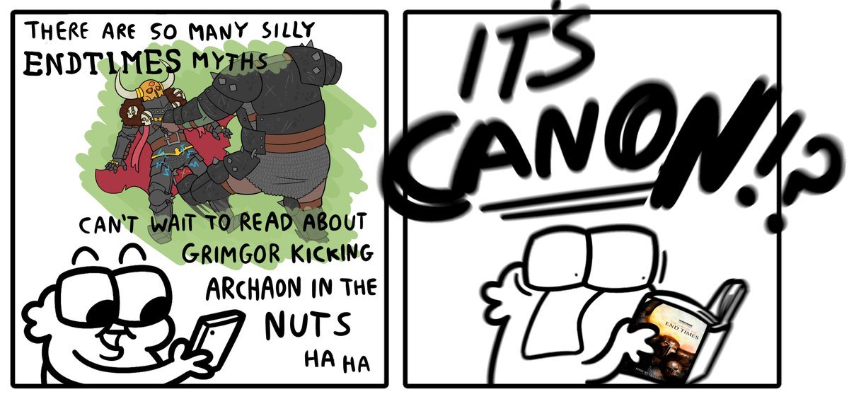So I finally read the End Times, and this was my exact reaction to that part where Archaon gets kicked in the nuts. I had always been told it was just a meme, but it's 100% real.
Only in the Warhammer community is there misinformation for the misinformation.