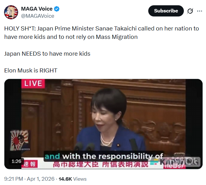 mrjeffu's tweet photo. Several accounts with large followings are reposting a clip from October 2025 of Prime Minister Takaichi saying Japanese should have more children, treating it like it's breaking news and proof that she isn't going to allow a lot of immigration.
The edited clip originates from an account called "Colonel Otaku Gatekeeper," a British person who has spent years pretending to be a Japanese conservative. Since the start of the Takaichi administration, this user continually posted fake news about Takaichi planning to reverse immigration and carry out mass deportations.
In reality, the Takaichi administration is planning to bring in over 1 million new foreign workers in the next several years. The number of people of foreign nationality living in Japan has topped 4 million, a new record high.