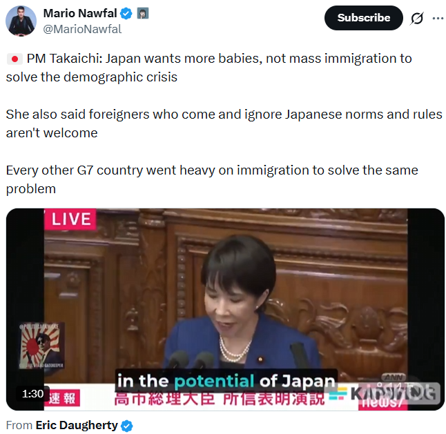 mrjeffu's tweet photo. Several accounts with large followings are reposting a clip from October 2025 of Prime Minister Takaichi saying Japanese should have more children, treating it like it's breaking news and proof that she isn't going to allow a lot of immigration.
The edited clip originates from an account called "Colonel Otaku Gatekeeper," a British person who has spent years pretending to be a Japanese conservative. Since the start of the Takaichi administration, this user continually posted fake news about Takaichi planning to reverse immigration and carry out mass deportations.
In reality, the Takaichi administration is planning to bring in over 1 million new foreign workers in the next several years. The number of people of foreign nationality living in Japan has topped 4 million, a new record high.