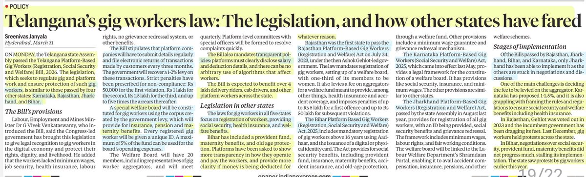 imRavikantYadav's tweet image. Telangana's Gig workers law: The legislation, &amp;amp; how other states have fared

:Details by Sh Sreenivas Janyala

#GigWorkers #Registration #SocialSecurity #WelfareBoard #HealthInsurance #Maternity
#Telangana 
#Rajasthan #Karnataka #Jharkhand #Bihar #ProvidentFund

#UPSC

Source: IE