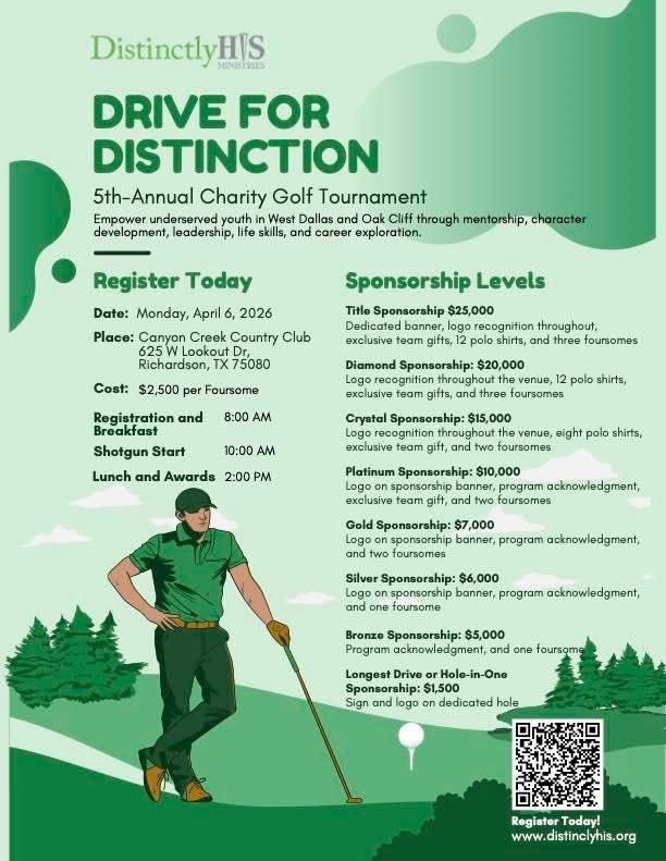 DistinctlyHIS_'s tweet photo. Less than a week away! Join us our 5th Annual Drive for Distinction Golf Tournament! A day on the green that helps make a lasting impact in the lives of youth in our community. Register today by scanning the QR code on the event flyer or by visiting https://t.co/9JFujYtgIw https://t.co/6cdf3dpAUm