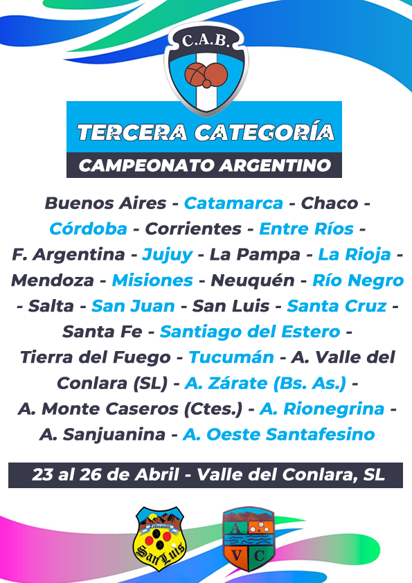 🫶 ¡El país presente en Valle del Conlara!
🙂 28 delegaciones llegarán a San Luis para disputar el Campeonato Argentino de 3° Categoría 🇦🇷.

📅 Del 23 al 26 de abril
✅ Modalidades: Individual, Parejas y Tercetos

#Bochas