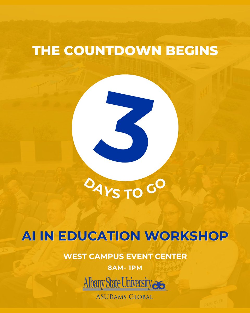 ASURamsGlobal's tweet image. 3 DAYS LEFT. 🗓️🔥
The world is talking about AI, are you part of the conversation? In just 72 hours, we’ll be kicking off our interactive keynote on the impact of AI in the classroom.
 See you on Friday!🔗global.asurams.edu/edtech-worksho…
 #OER #AlbanyStateUniversity #ASURamsGlobal