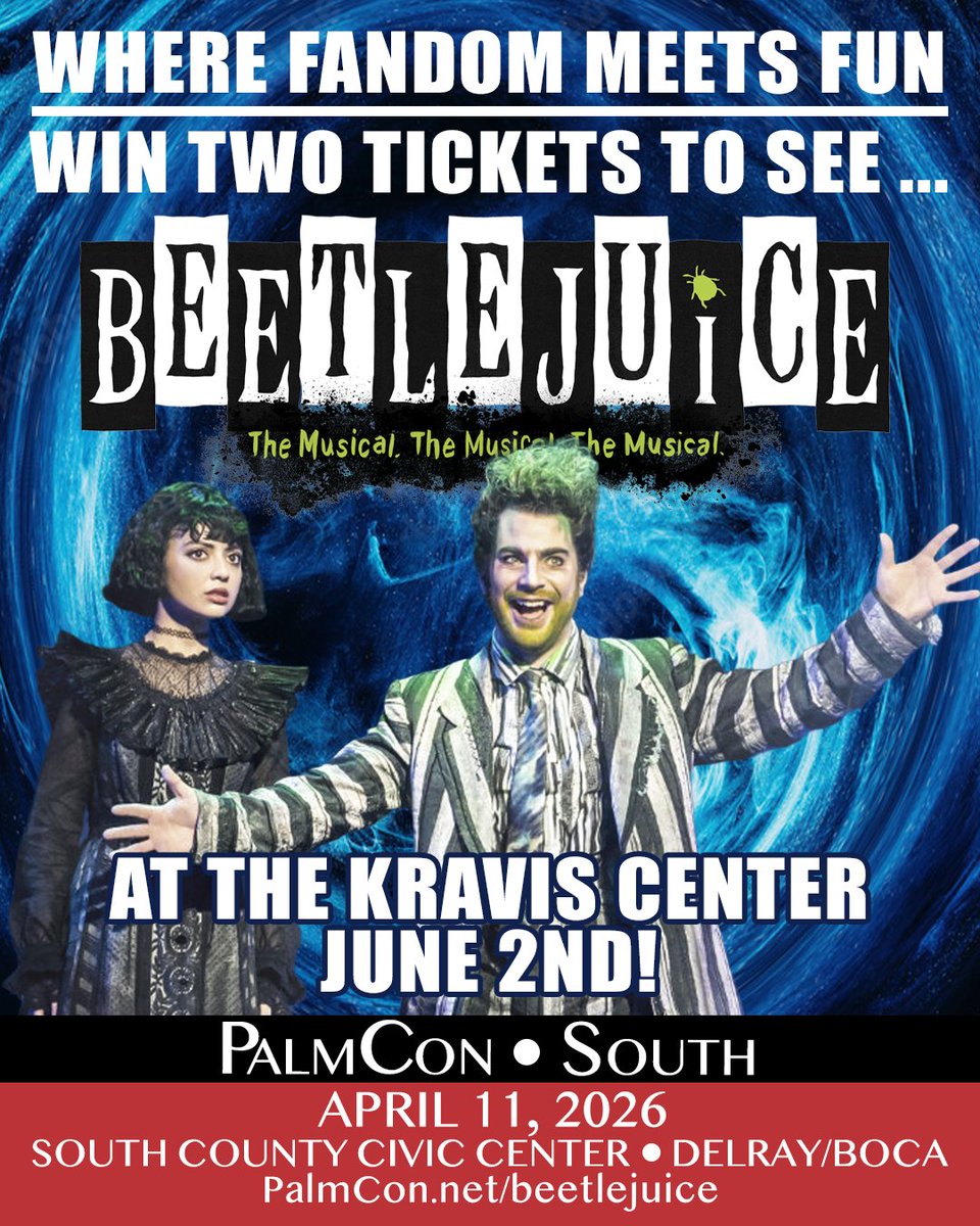 palm_con's tweet photo. Who’s Winning Bettlejuice Tickets?
YOU!

The @KravisCenter has once again partnered with PalmCon and this time they are giving away TWO tickets for June 2nd to one lucky winner.

Link: https://t.co/QDFzRGQBNa

#PalmCon #beetlejuice #broadway #kraviscenter https://t.co/bs4srbn9xF