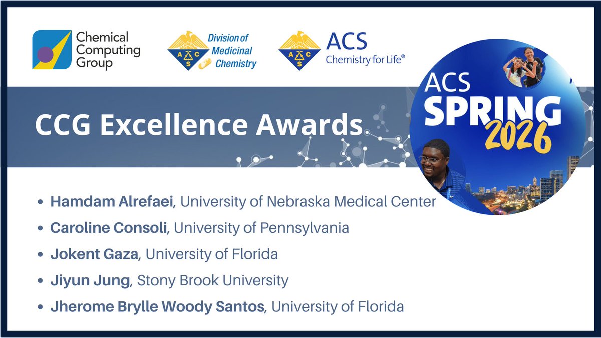 CCG_MOE's tweet image. Congratulations once again to all #ACSSpring2026 @AcsMedi CCG Excellence Award winners! 🏆🎉👏More info @ the ACS MEDI Division Awards webpage: bit.ly/47E23SZ #medchem #compchem #cadd