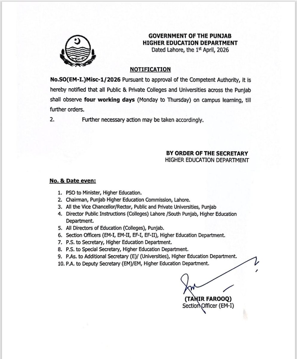 HEDpunjab1's tweet photo. 🚨 NOTIFICATION 📢 

All Public &amp; Private Colleges and Universities across the Punjab shall observe four working days (Monday to Thursday) on-campus.

However, examination if any, shall be conducted as per the already announced schedule.

#HED #HEDColleges #PunjabEducation https://t.co/p77ZQxoGa4