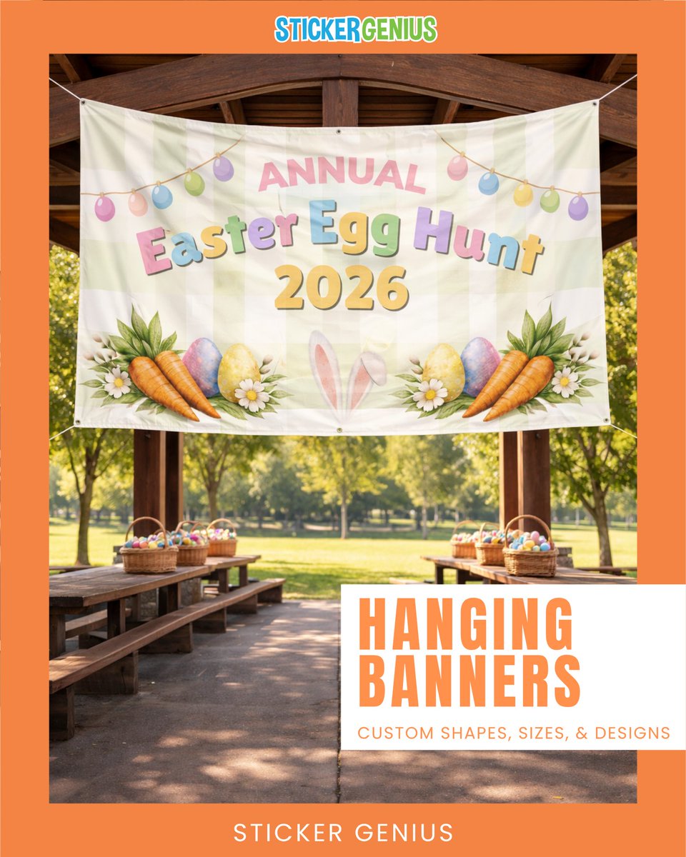 StickerGenius's tweet image. From Easter egg hunts to community events, custom hanging banners make it easy to stand out 🥕🐰Durable, eye-catching, and made to fit your event space just right. Need one for your next event? We’ve got you 🐣🎉
#StickerGenius #HangingBanners #CustomBanners #EventSignage #Easter
