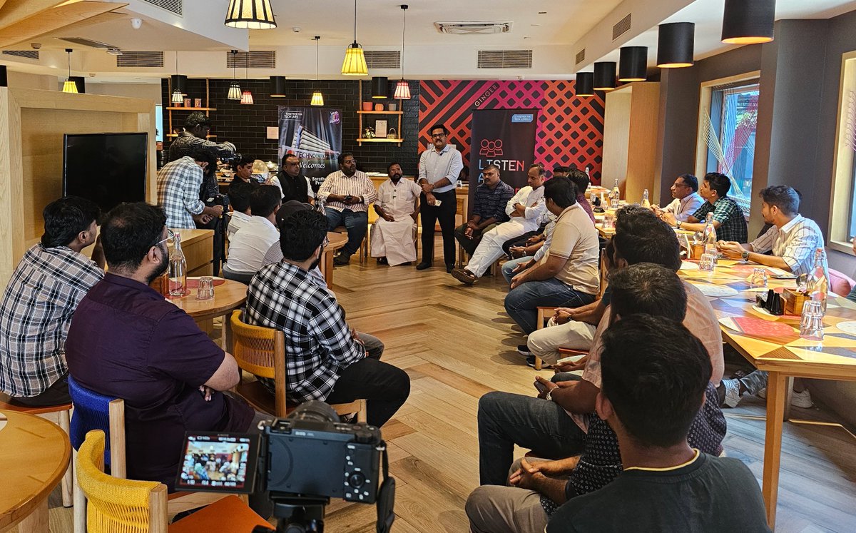 Balan_Ranjith's tweet photo. Listening to the pulse of #Technopark 
All India Professionals Congress hosted a ‘Listening Circle’ near Technopark today.
UDF candidate for Kazhakkoottam Assembly, Adv. Sharathchandra Prasad, interacted with IT professionals, heard their key concerns, and assured full support for the area’s development. #UDFkerala  #AIPC